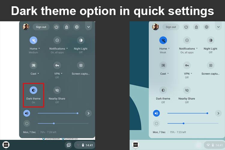 enable dark theme via chromebook quick settings